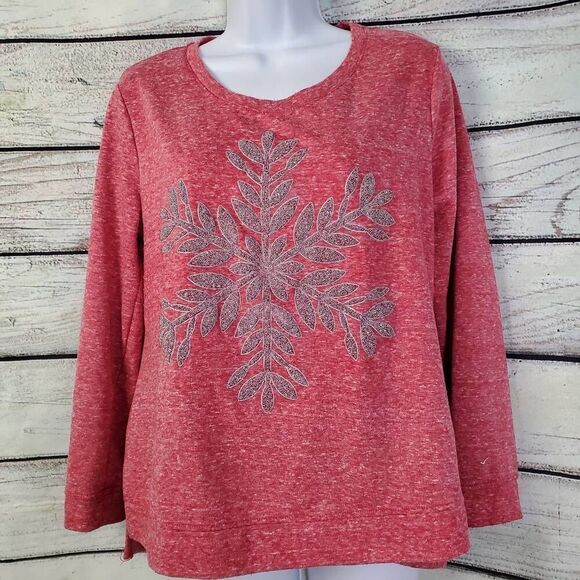 EST. 1946 Red Snowflake Sweatshirt Size M Glitter Graphic Holiday Pullover Crew - Picture 2 of 9